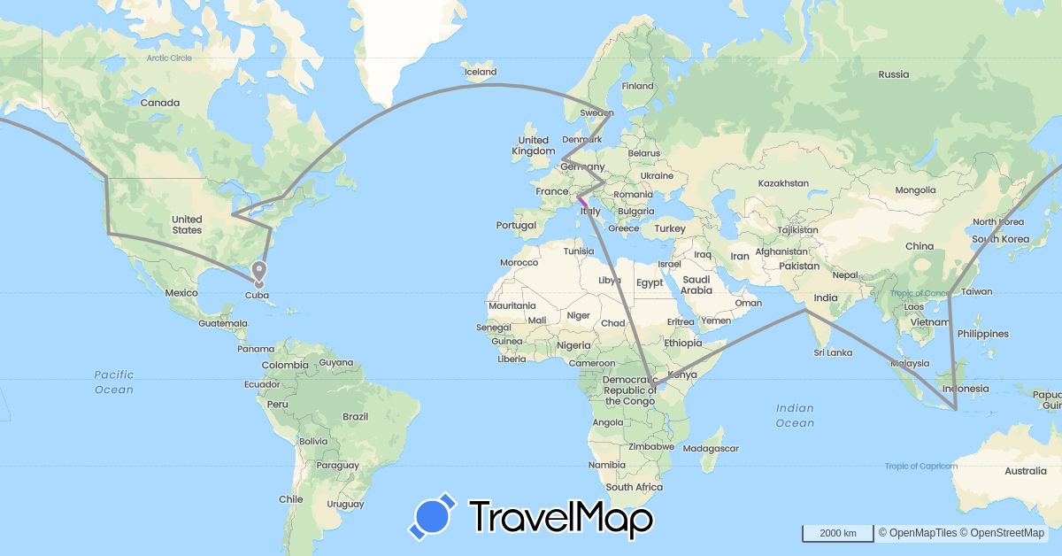 TravelMap itinerary: plane, train in Austria, Canada, China, Germany, Denmark, Indonesia, India, Italy, Netherlands, Rwanda, Sweden, Singapore, United States (Africa, Asia, Europe, North America)